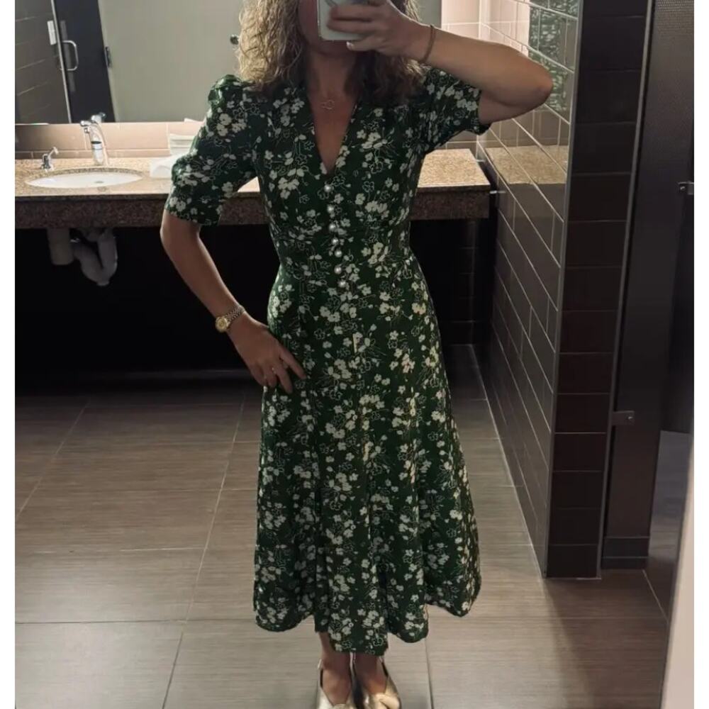 L.K. Bennett Green Floral Midi Shirt Dress SIZE 6 Silk Retro Work Designer $675 - Picture 6 of 13